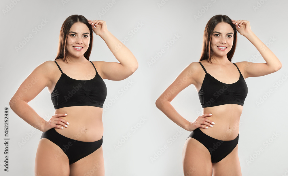 Collage with photos of woman before and after weight loss diet on light grey background Collage with photos of woman before and after weight loss diet on light grey background