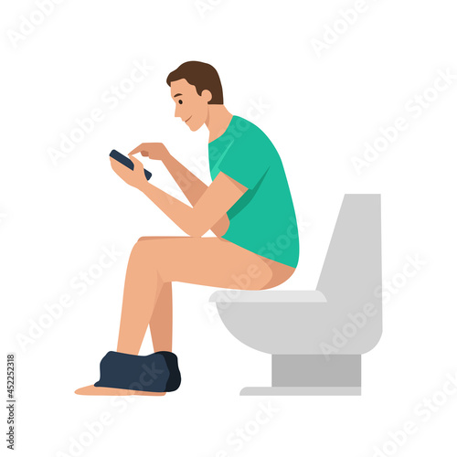 a Man using smartphone in toilet. This illustration about mobile phone overuse.