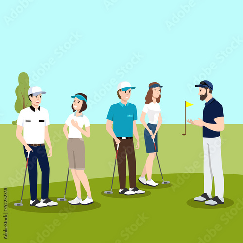 Relaxing kind of sports for rich people, characters playing golf at court. Hitting with club on field. Automobile for personages, outside summer hobbies and entertainment, vector in flat style