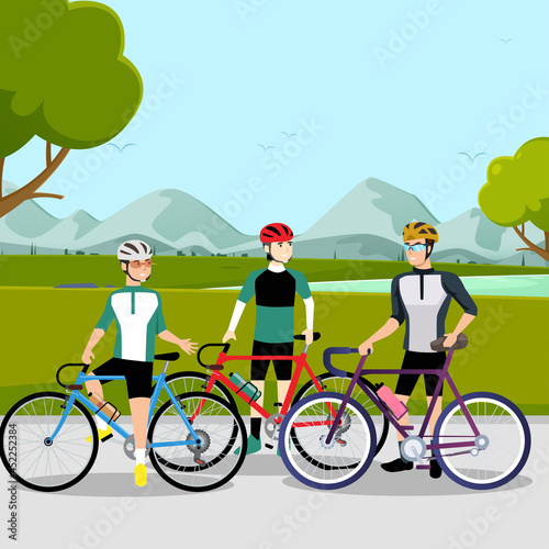 The Group of cyclists man in the side road. bicycle racing. Vector illustrator.
