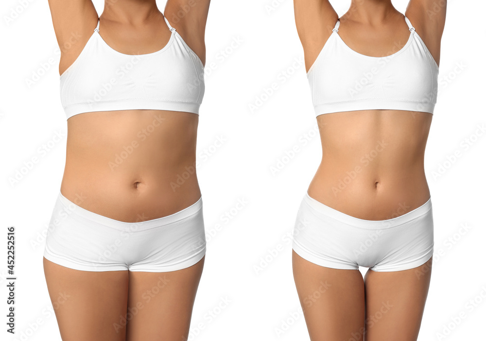 Collage with photos of woman before and after weight loss diet on white background, closeup - obrazy, fototapety, plakaty 