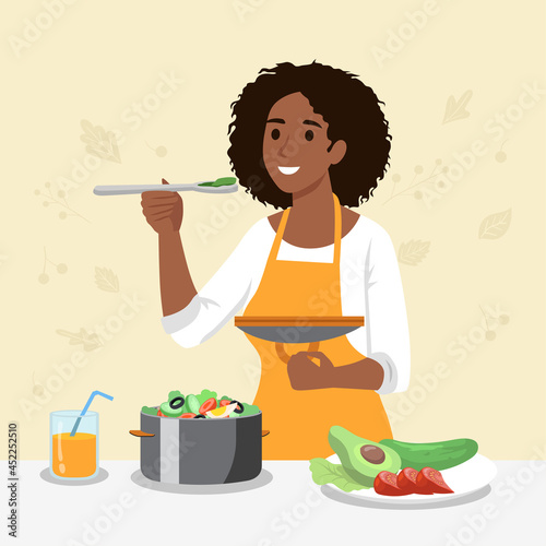 Health, vegan, food, cooking concept. Woman girl cooker vegetarian cartoon character standing with healthy food fruits and vegetables at home restaurant. Healthy lifestyle and proper nutrition or diet