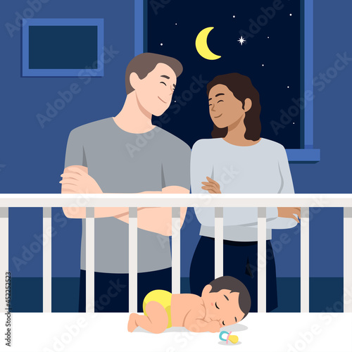 Cute parents couple watching little baby sleeping peacefully in crib with pacifier