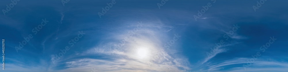 Blue sky panorama with Cirrus clouds. Seamless hdr 360 degree pano in spherical equirectangular format. Complete zenith for 3D visualization, game and sky replacement for aerial drone 360 panoramas. Blue sky panorama with Cirrus clouds. Seamless hdr 360 degree pano in spherical equirectangular format. Complete zenith for 3D visualization, game and sky replacement for aerial drone 360 panoramas.