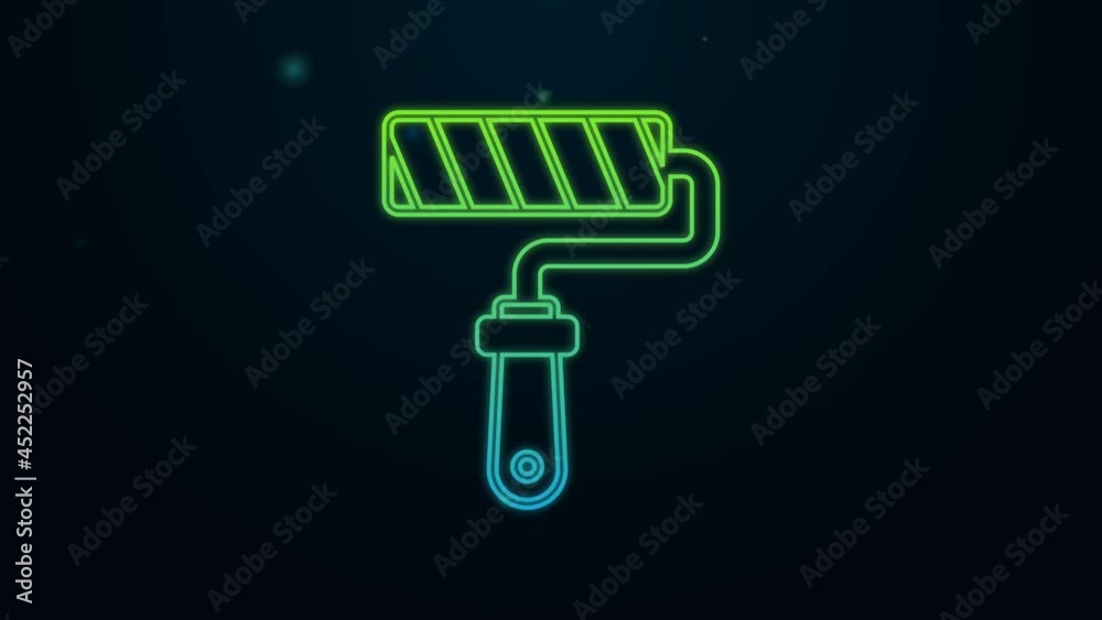 Glowing neon line Paint roller brush icon isolated on black background. 4K Video motion graphic animation Glowing neon line Paint roller brush icon isolated on black background. 4K Video motion graphic animation