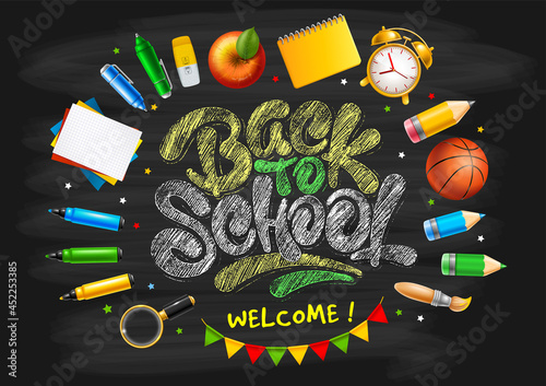 Back to School horizontal design for school party invitation or other events. School stationery and chalk lettering Back To School on blackboard background. Vector illustration.