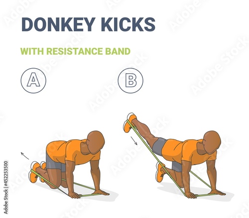 Black Man Doing Donkey Kick Home Workout Exercise with Thin Resistance Band or Elastic Loop Guidance