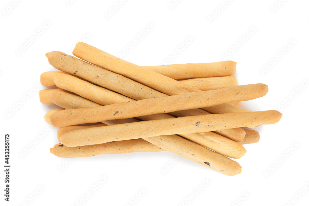 Fresh delicious grissini sticks on white background, top view Fresh delicious grissini sticks on white background, top view