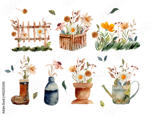 set of watercolor wild flower bouquet in the garden