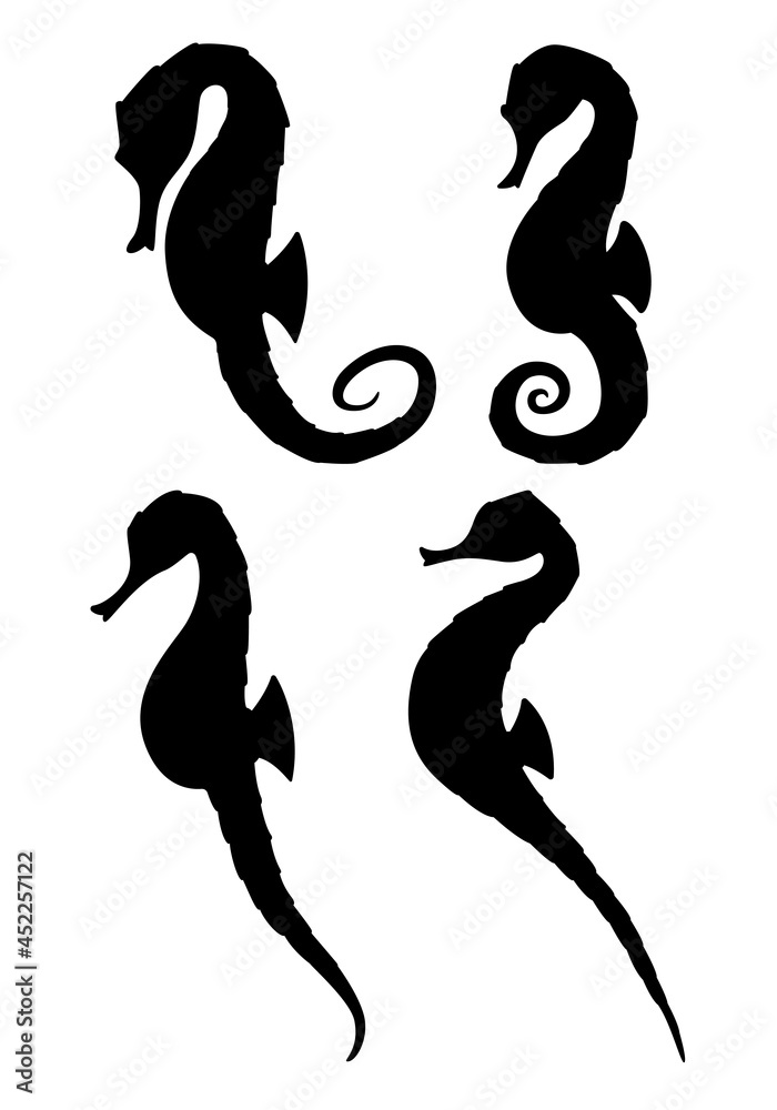 Four seahorse silhouettes, realistic shape graphics. vector Four seahorse silhouettes, realistic shape graphics. vector