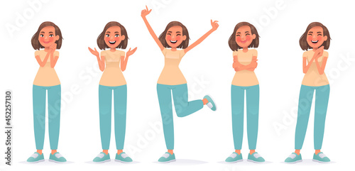 Happy woman character set. Cute girl is rejoice, surprised, jumping with happiness, hugging herself, positive emotions