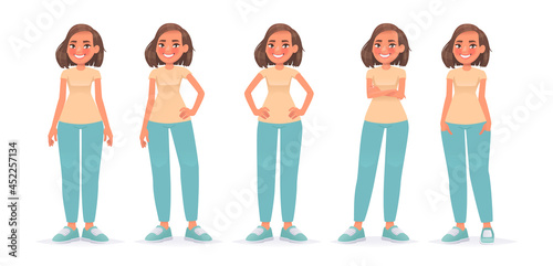 Set of character of cute woman in casual clothes in different poses. Happy girl on a white background