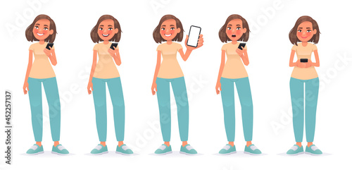Set of character of woman with smartphone. The girl uses the phone, thinks, uses the application, shows the screen