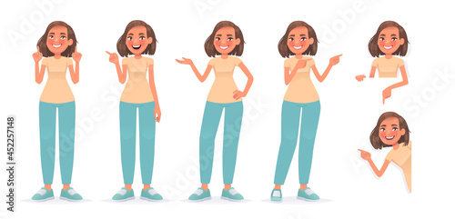 Set of character woman pointing her finger in different directions, up, down, to the side. The girl shows something and peeps