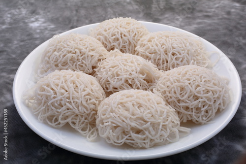 Plate of delicious rice string hoppers, idiyappam, Tamilnadu, Kerala foods,