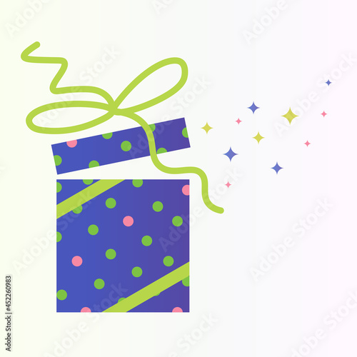 A bright gift in a flat style. A colorful souvenir of blue color on a light background. An open gift box, an unusual surprise. for a holiday, a solemn event. Isolated vector illustrations.