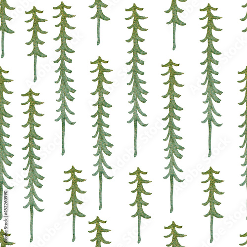 Christmas trees in the forest watercolor seamless pattern. Template for decorating designs and illustrations.