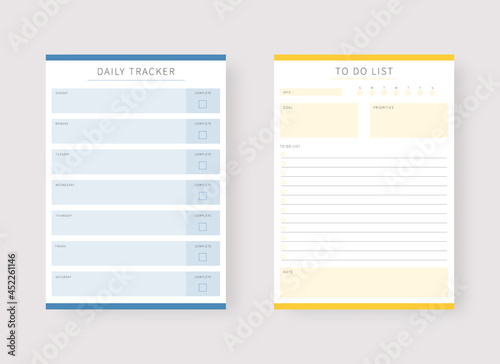 Daily tracker and to do list planner template. Set of planner and to do list. Modern planner template set. Vector illustration.