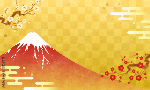 正月の富士山と梅と市松模様の金色のベクターイラスト背景(和柄,日本,年末年始,コピースペース,赤富士)