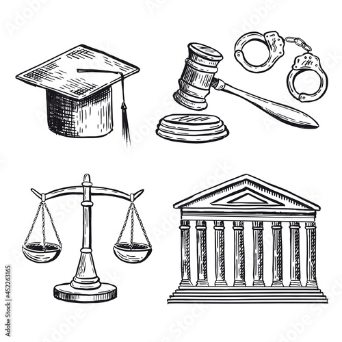 Law symbols set. Scales vector hand drawn.	
