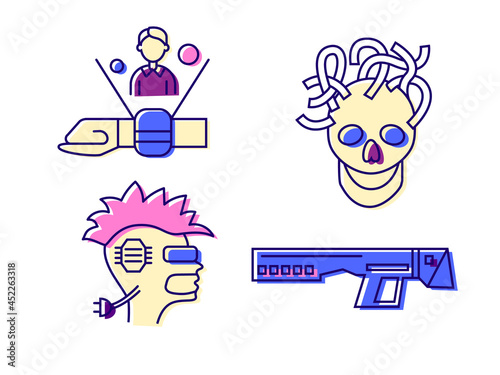 Cyberpunk flat icons set. Futuristic watch. High tech gun technology