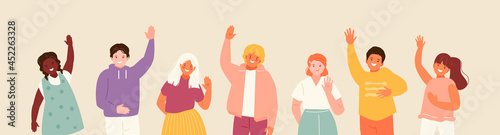 Smiling welcoming children waving their hands. Children saying hello. Greetings gestures, welcome. Schoolchildren, kindergarten pupils vector set