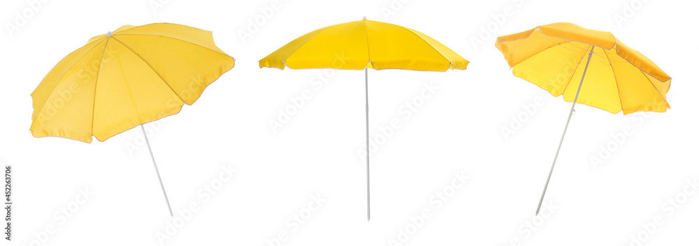 Set with yellow beach umbrellas on white background. Banner design - obrazy, fototapety, plakaty 