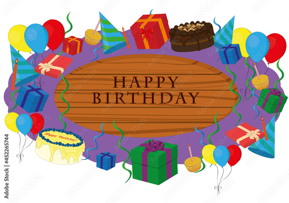 Happy birthday wooden signboard decorated with party items vector illustration