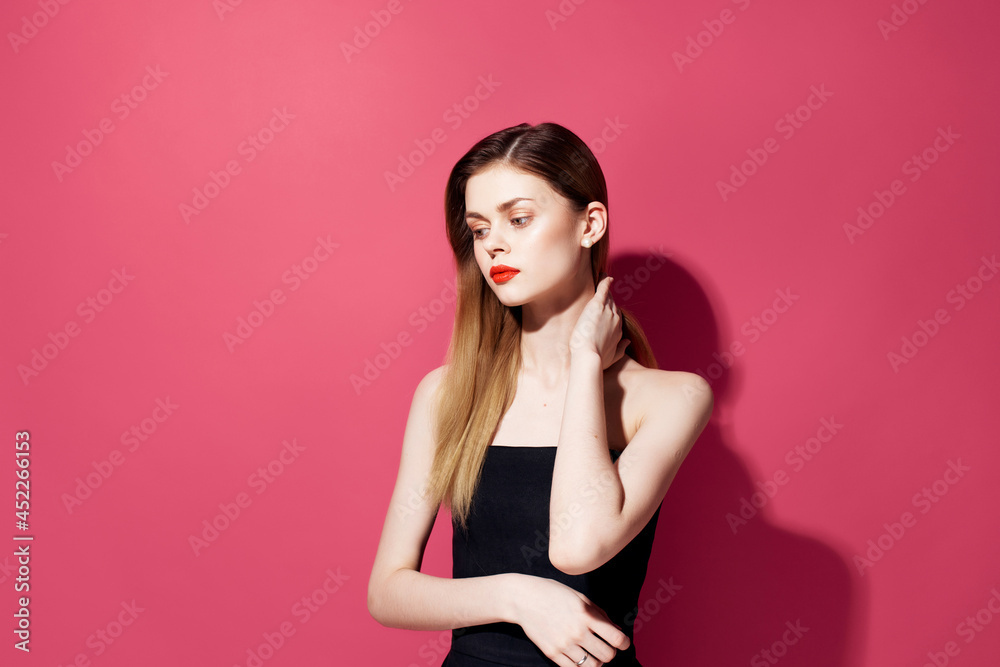 cheerful woman Red lips posing makeup decorations cheerful woman Red lips posing makeup decorations