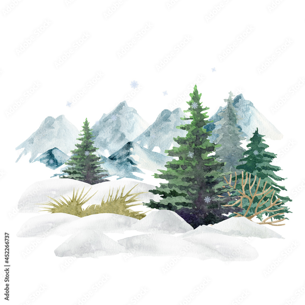 Winter forest landscape. Watercolor illustration. Hand drawn snow, mountains, trees, bush. Winter wild nature landscape element. North nature with fir trees, snow, hills. White background
