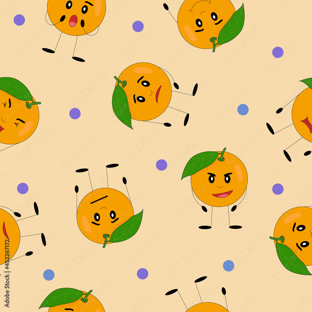 Funny oranges seamless pattern. Orange with cute faces