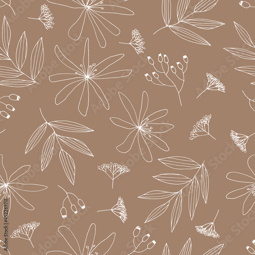 Vector seamless pattern of flowers clematis and tree branches. Contour image. Hand-drawn. Design of posters, postcards, invitations, design of weddings, holidays, decor.