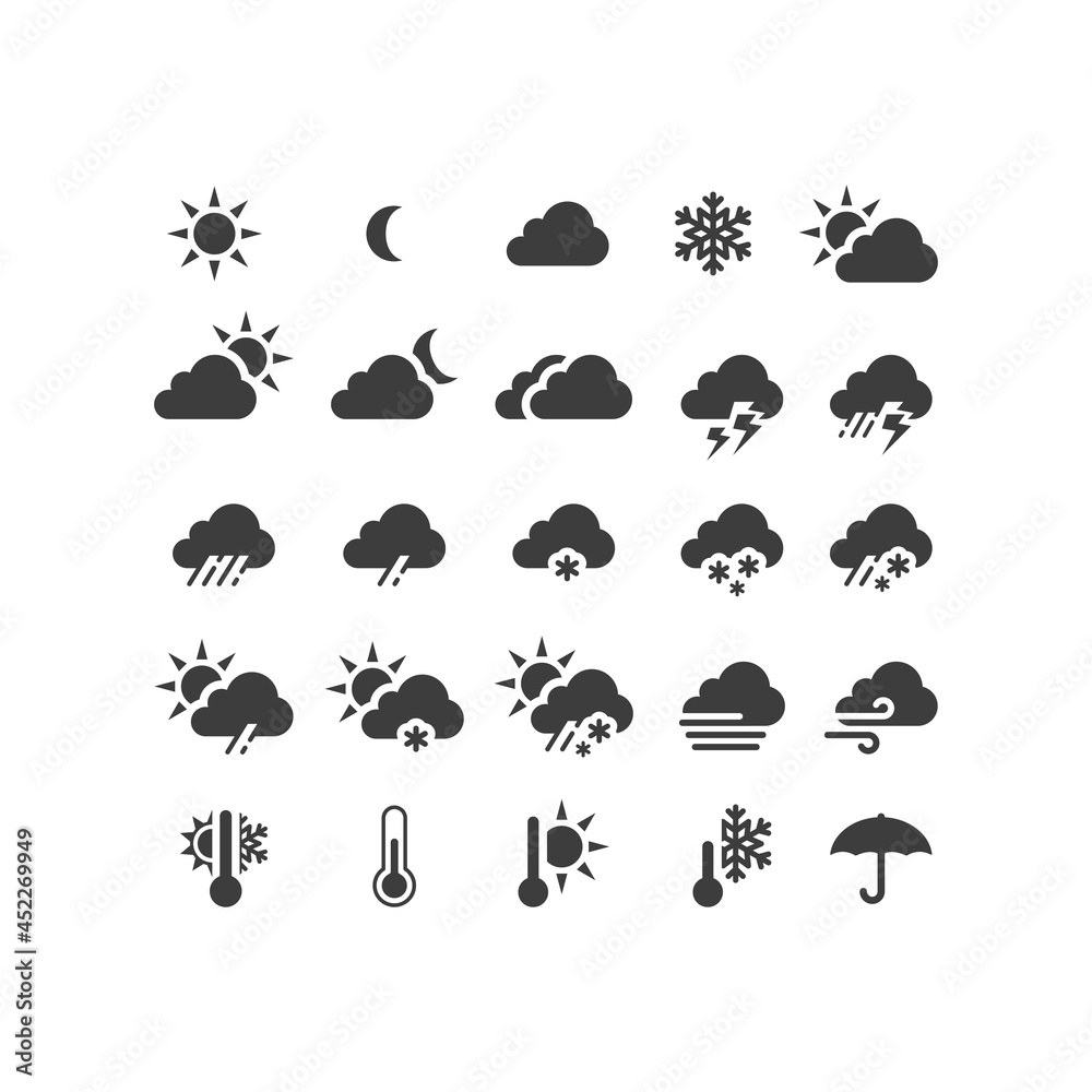 Weather forecast black vector icon set. Stormy, sunny, rain, snow icons. Sun and clouds, hot and cold symbols. - obrazy, fototapety, plakaty 
