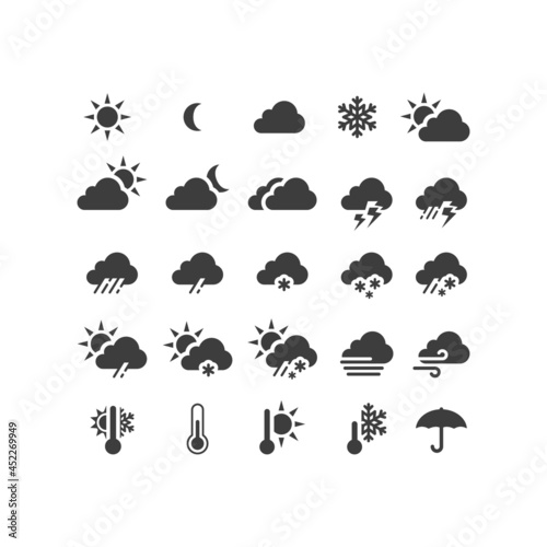 Weather forecast black vector icon set. Stormy, sunny, rain, snow icons. Sun and clouds, hot and cold symbols.