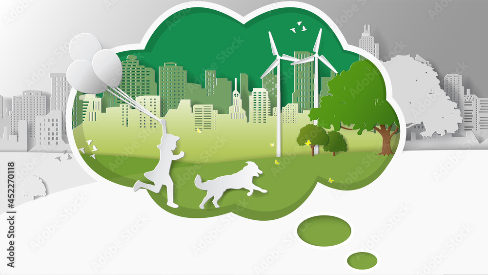 Green renewable energy ecology technology power saving environmentally friendly concepts, girl run hold balloons with dog thinking box wind turbine. Paper folding art origami style vector illustration