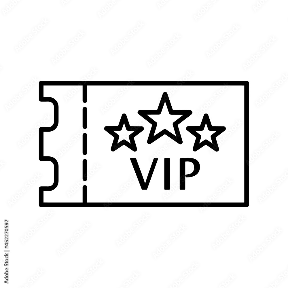 Ticket icon with vip symbol. Flat pictogram for web. Line stroke. Simple symbol isolated on white background. Outline vector eps10 Ticket icon with vip symbol. Flat pictogram for web. Line stroke. Simple symbol isolated on white background. Outline vector eps10