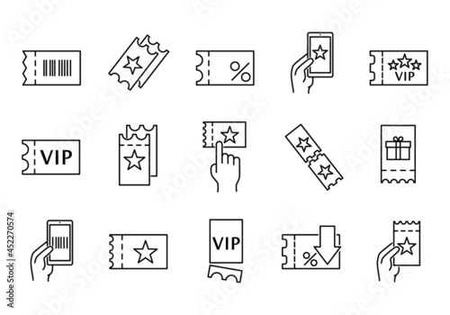 Set of tickets icon. Flat pictogram for web. Line stroke. Simple symbol isolated on white background. Outline vector eps10