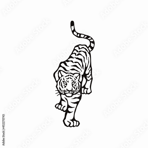 ゆっくり歩いて来る虎の手描きイラスト