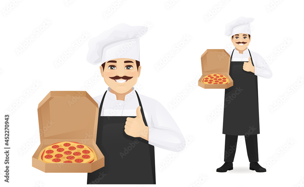 Handsome man chef in black apron standing showing thumb up holding open pizza box isolated vector illustration Handsome man chef in black apron standing showing thumb up holding open pizza box isolated vector illustration