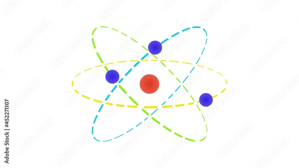 Set of animation of rotating electrons around a nucleus with a trajectory. Transparent background with alpha channel. Looping. Rutherford atom planetary model concept.
