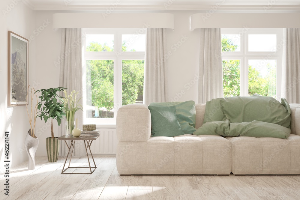 White living room with sofa. Scandinavian interior design. 3D illustration White living room with sofa. Scandinavian interior design. 3D illustration