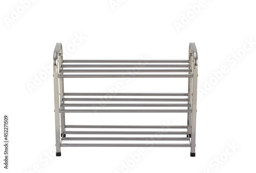 Empty stainless steel shoe racks isolated on white background
