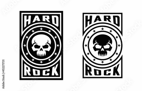 Set of black and white illustrations of skull, stars and text on the background. Design element for poster, print, sticker, label and emblem. Vector illustration. Hard rock symbolism.