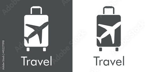 Logotipo con texto Travel y silueta de avión en maleta de ruedas en fondo gris y fondo blanco