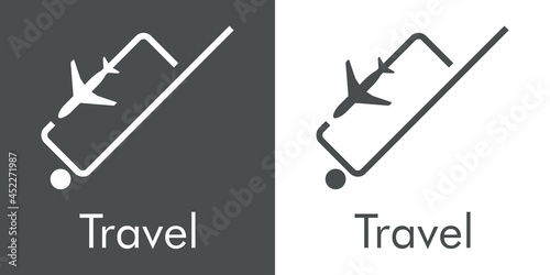 Logotipo con texto Travel y silueta de avión con trayectoria con forma de maleta de ruedas con lineas en fondo gris y fondo blanco
