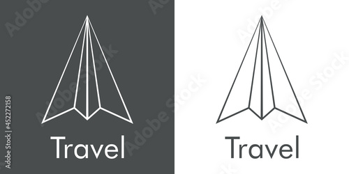 Logotipo con texto Travel y avión de papel con lineas en fondo gris y fondo banco