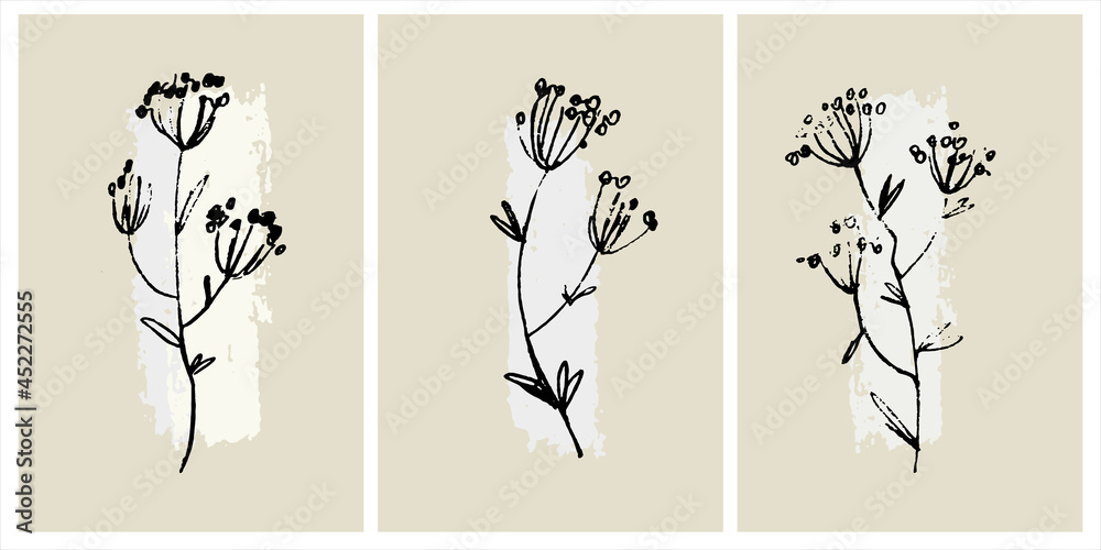 Home decor printable line art. Set of hand drawn vector brush-like paintings of flowers on backgrounds with brushstroke textures. Contemporary design for prints, posters, cards, textile