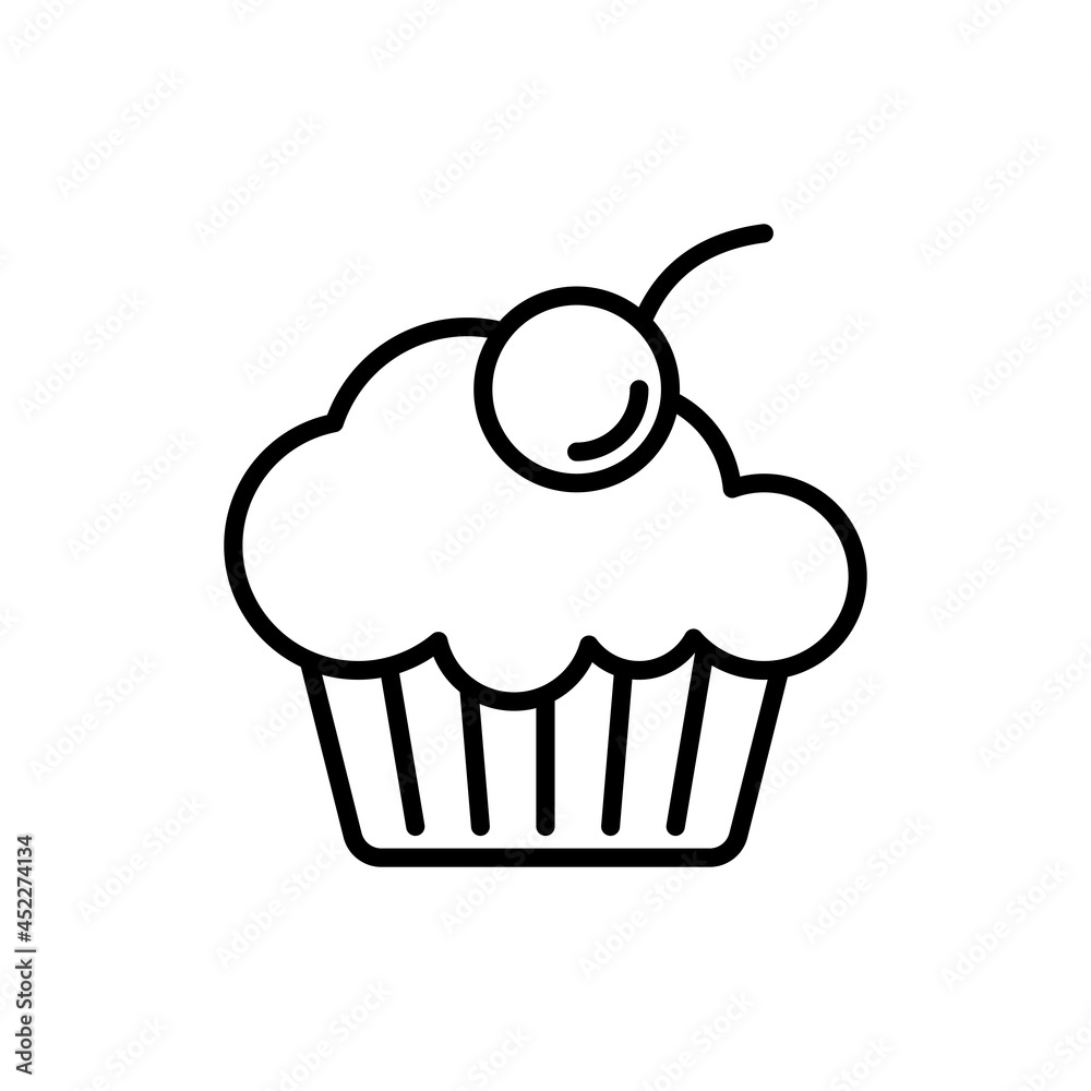 Cupcake with berry, sweet dessert thin line icon. Modern vector illustration of bakery.