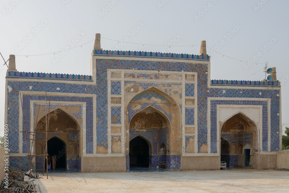 Beautiful facade and courtyard of ancient heritage Khudabad mosque, Dadu, Sindh, Pakistan