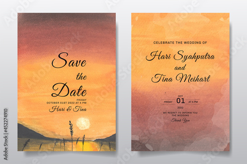 Wedding invitation with watercolor landscape sky and sunset lake